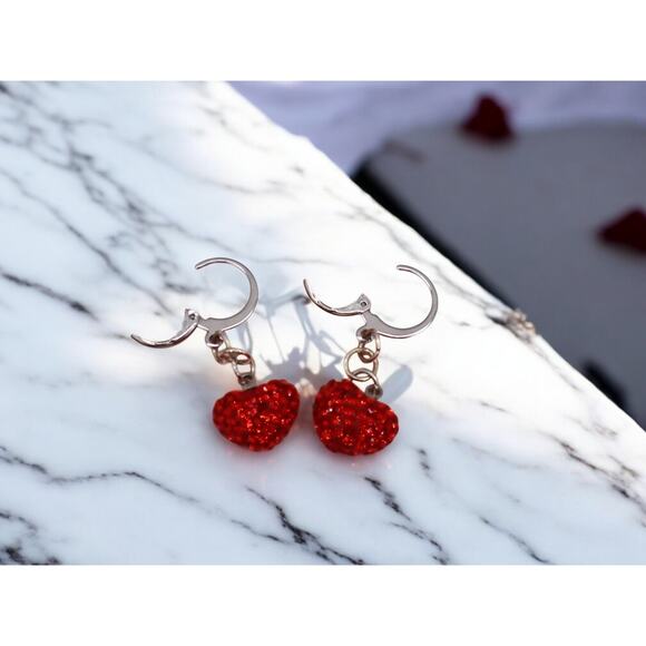 Handcrafted Huggie Hoop Earrings Featuring Red Rhinestone Hearts - Picture 2 of 9
